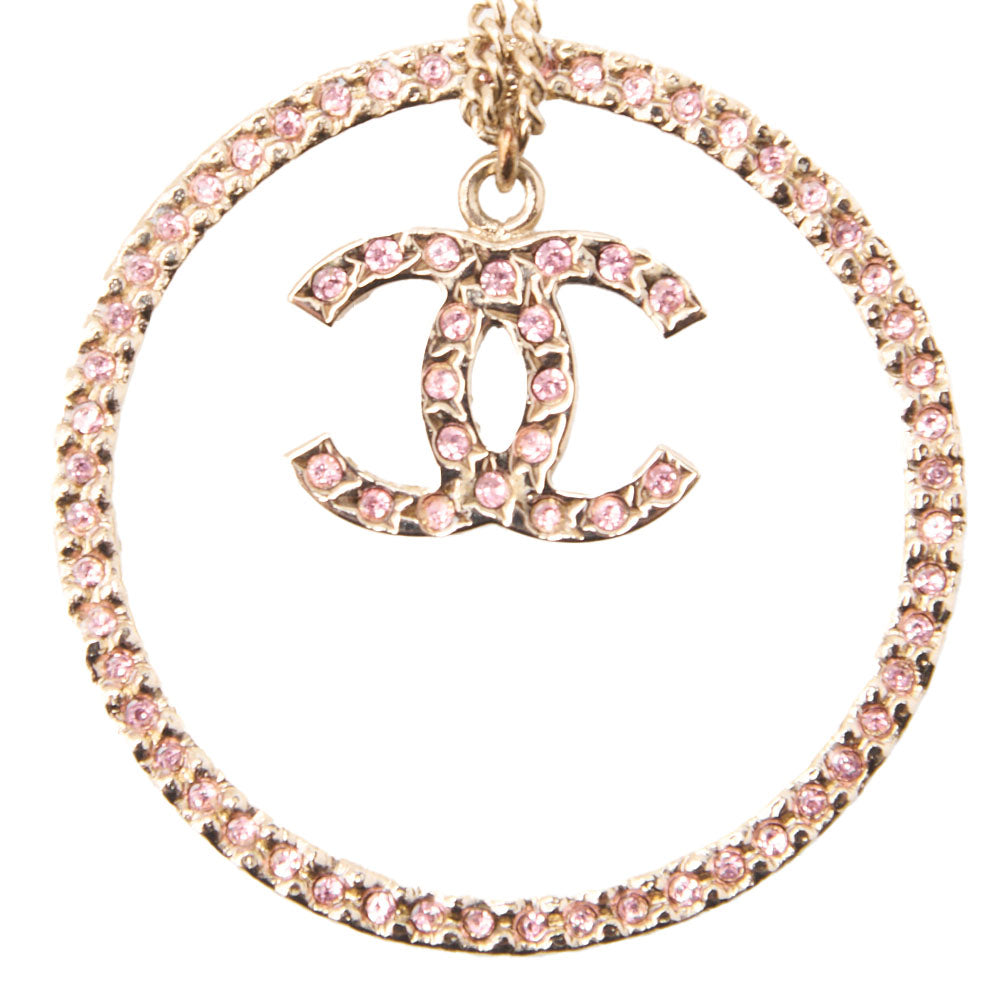 Chanel Necklace, Coco Mark Circle, Rhinestone, Gold Plated, Pink, Gold-Tone Hardware, Pre-Owned - Vintage La Charme
