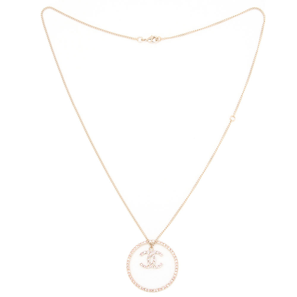 Chanel Necklace, Coco Mark Circle, Rhinestone, Gold Plated, Pink, Gold-Tone Hardware, Pre-Owned - Vintage La Charme