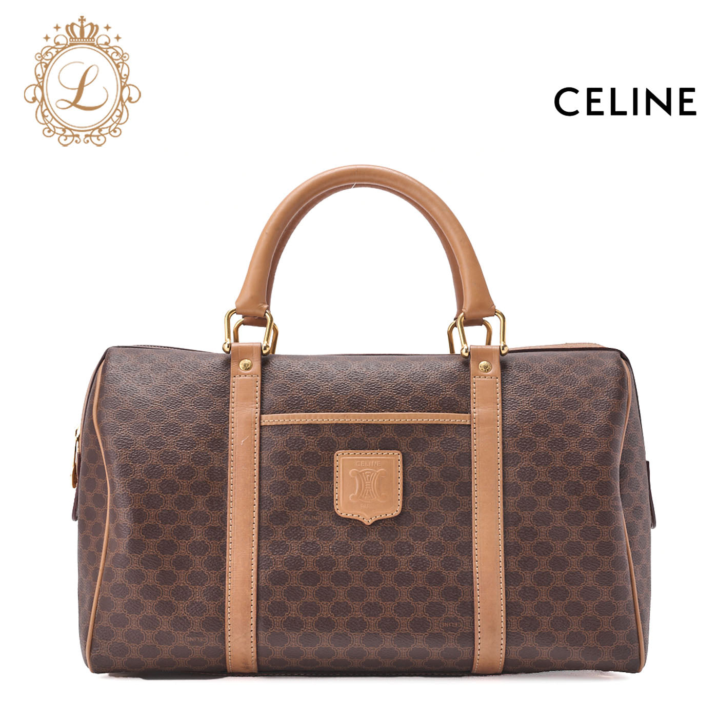 CELINE Handbag Boston Tote Bag Macadam PVC Leather Brown Gold-Tone Hardware Pre-Owned - Vintage La Charme