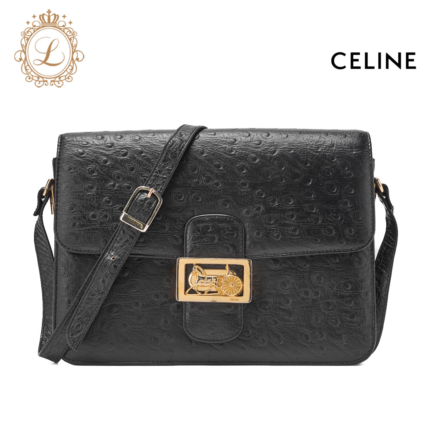 CELINE Shoulder Bag Boston Bag Carriage Leather Ostrich Black Gold-Tone Hardware Pre-Owned - Vintage La Charme
