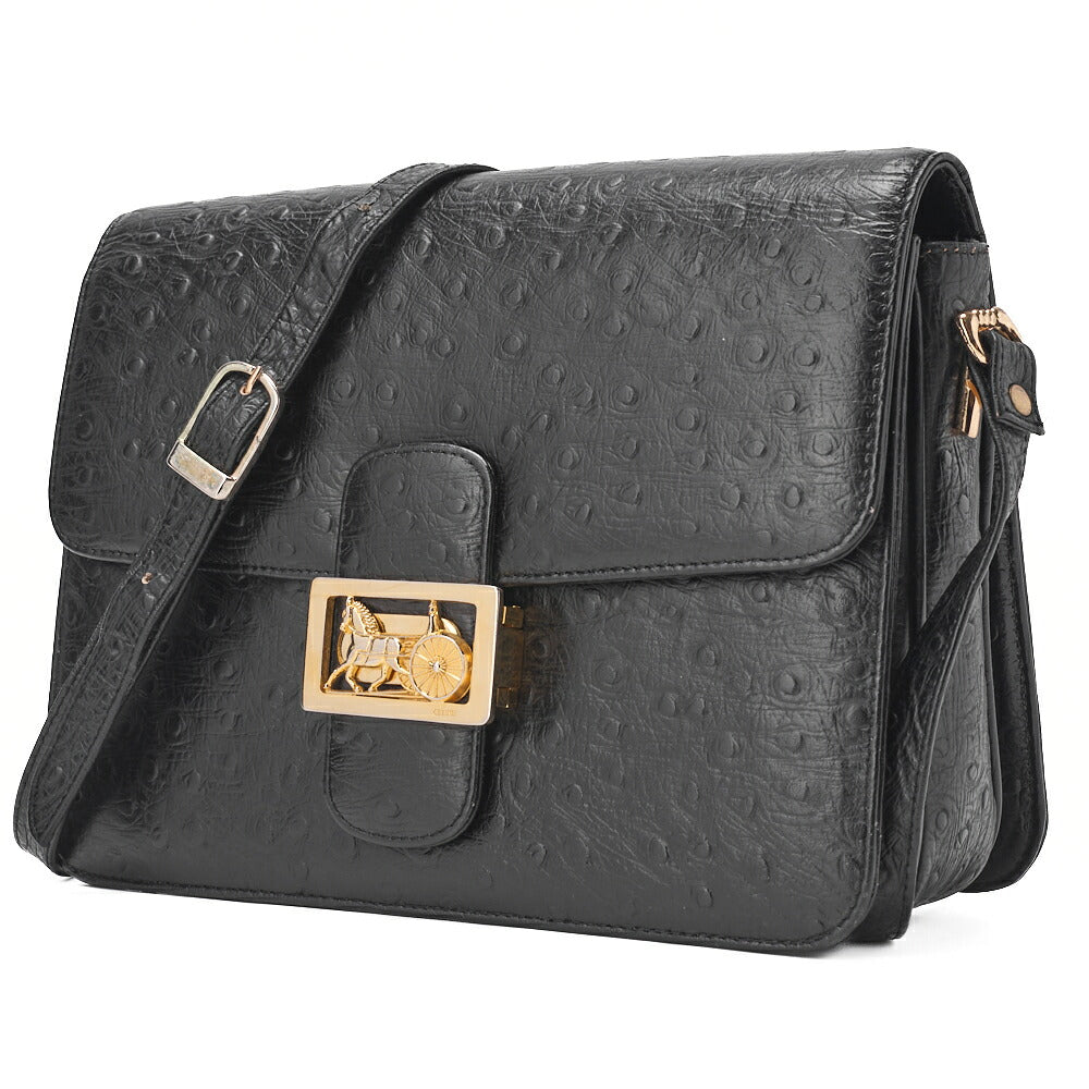 CELINE Shoulder Bag Boston Bag Carriage Leather Ostrich Black Gold-Tone Hardware Pre-Owned - Vintage La Charme
