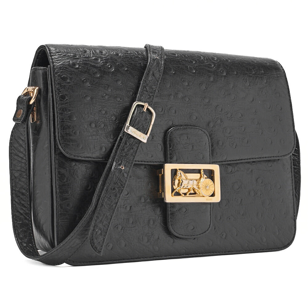 CELINE Shoulder Bag Boston Bag Carriage Leather Ostrich Black Gold-Tone Hardware Pre-Owned - Vintage La Charme