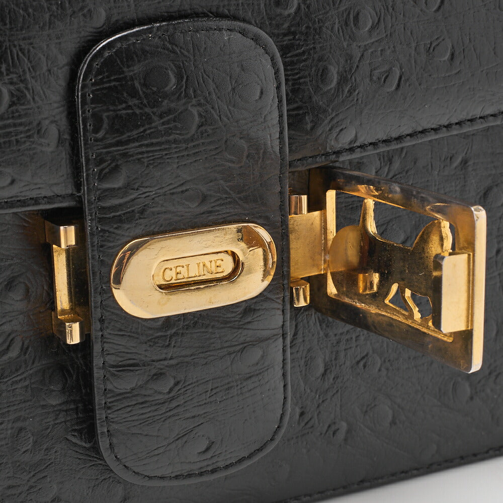 CELINE Shoulder Bag Boston Bag Carriage Leather Ostrich Black Gold-Tone Hardware Pre-Owned - Vintage La Charme