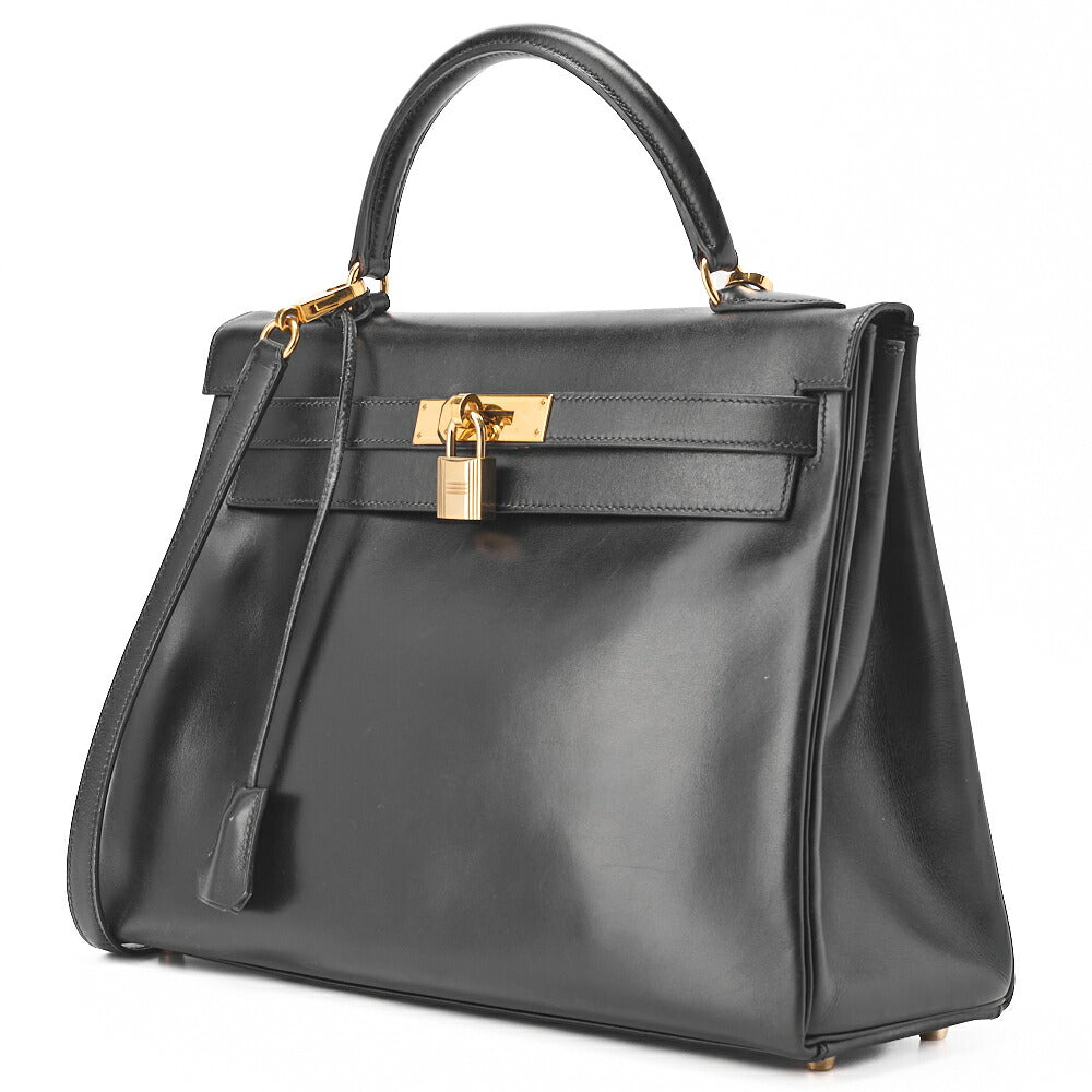 HERMES Kelly 32 Handbag Box Calf Black Gold-Tone Hardware Pre-Owned - Vintage La Charme