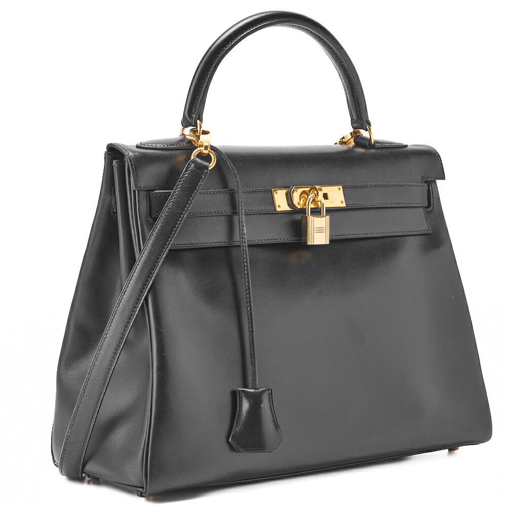 HERMES Kelly 32 Handbag Box Calf Black Gold-Tone Hardware Pre-Owned - Vintage La Charme