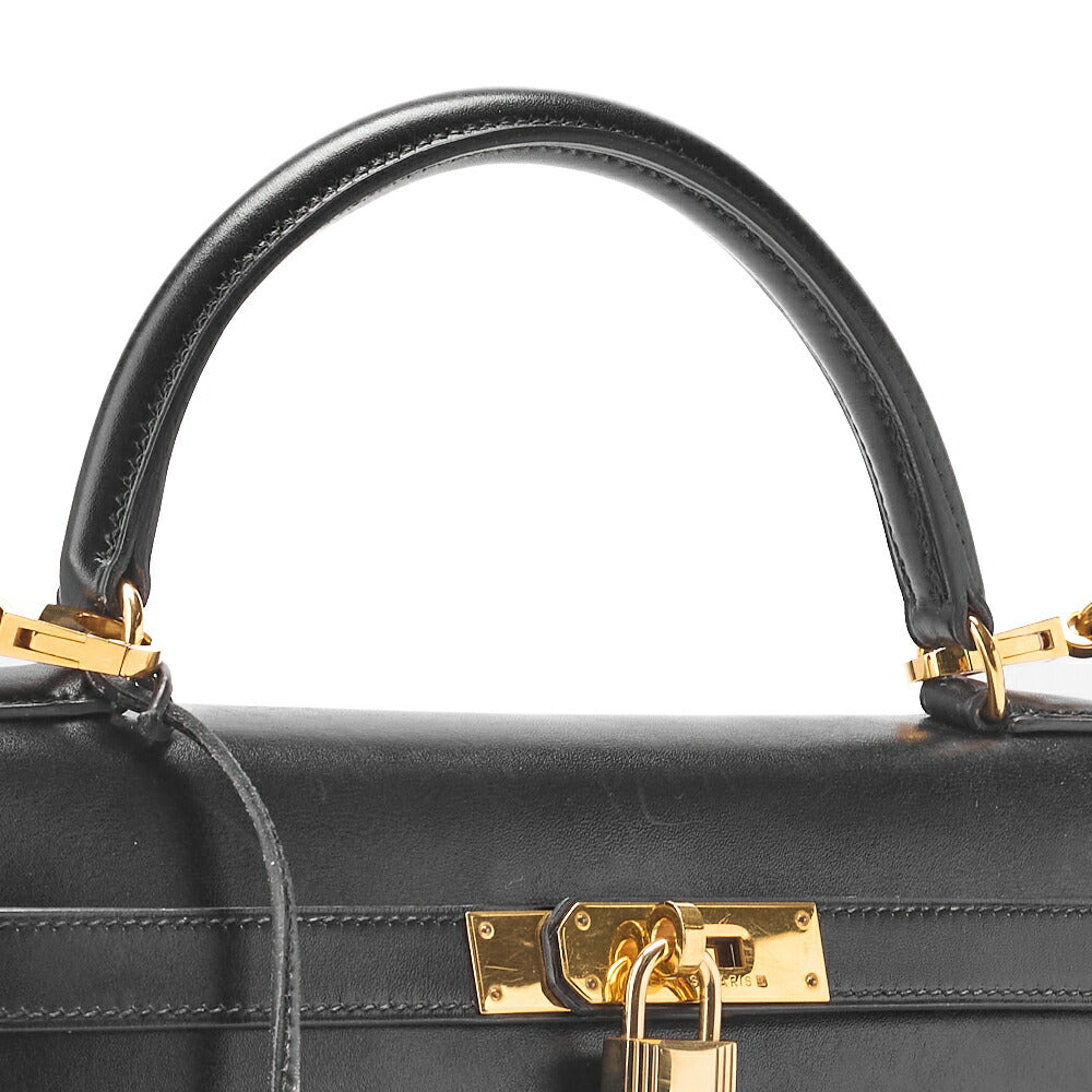 HERMES Kelly 32 Handbag Box Calf Black Gold-Tone Hardware Pre-Owned - Vintage La Charme