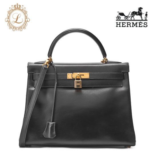 HERMES Kelly 32 Handbag Box Calf Black Gold-Tone Hardware Pre-Owned - Vintage La Charme