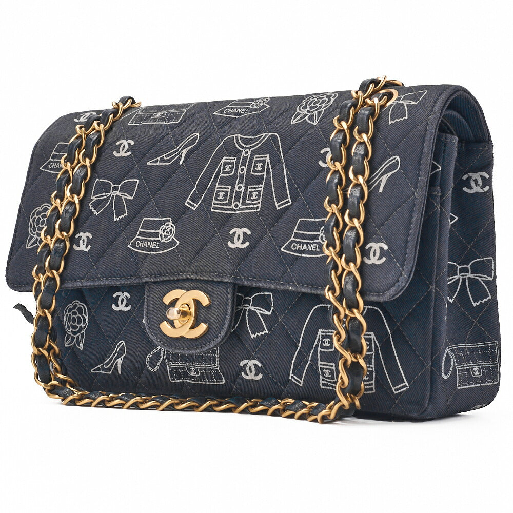 CHANEL Shoulder Bag, Matelasse W Flap 25 Icon Print, Canvas, Black, Gold-Tone Hardware, Pre-Owned - Vintage La Charme