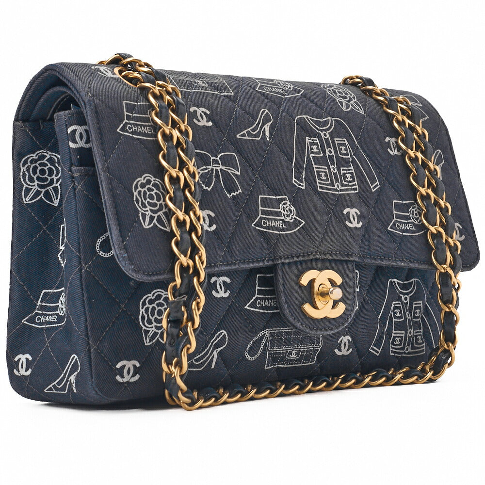 CHANEL Shoulder Bag, Matelasse W Flap 25 Icon Print, Canvas, Black, Gold-Tone Hardware, Pre-Owned - Vintage La Charme