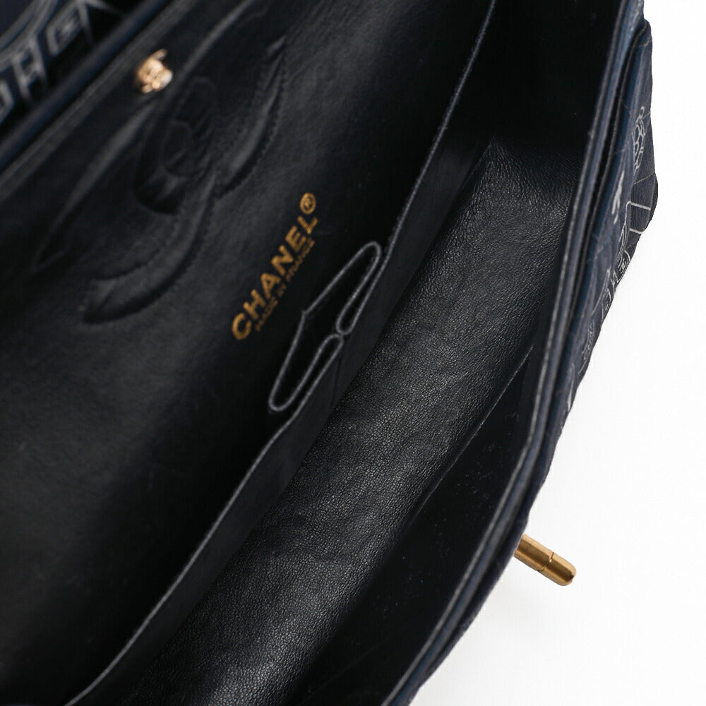 CHANEL Shoulder Bag, Matelasse W Flap 25 Icon Print, Canvas, Black, Gold-Tone Hardware, Pre-Owned - Vintage La Charme