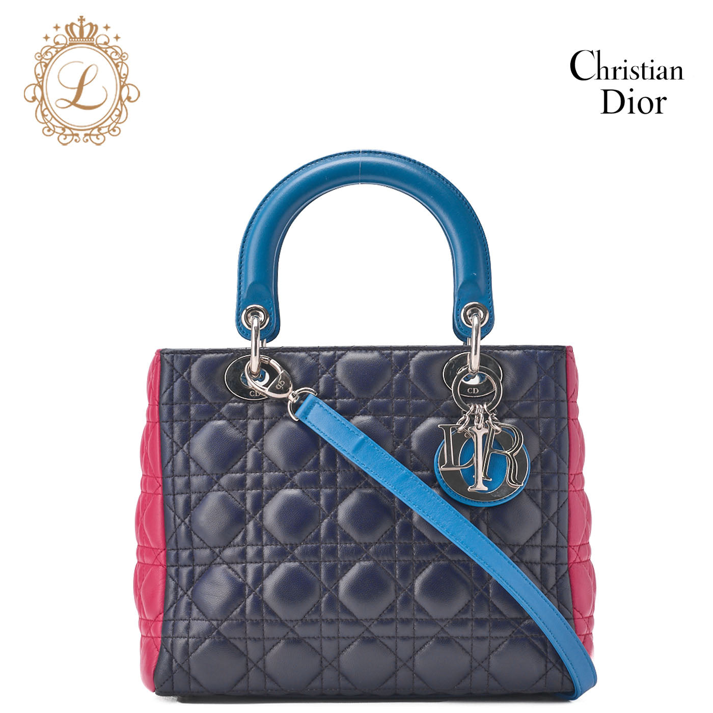 Dior Lady Dior Handbag Cannage Lambskin Multicolor Navy Gold-Tone Hardware Pre-Owned - Vintage La Charme