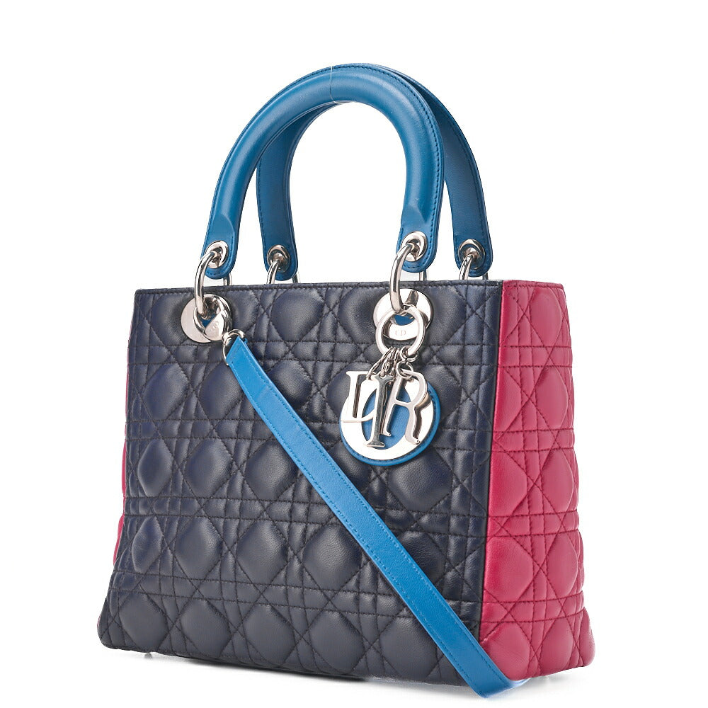 Dior Lady Dior Handbag Cannage Lambskin Multicolor Navy Gold-Tone Hardware Pre-Owned - Vintage La Charme