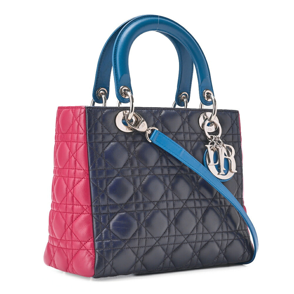 Dior Lady Dior Handbag Cannage Lambskin Multicolor Navy Gold-Tone Hardware Pre-Owned - Vintage La Charme