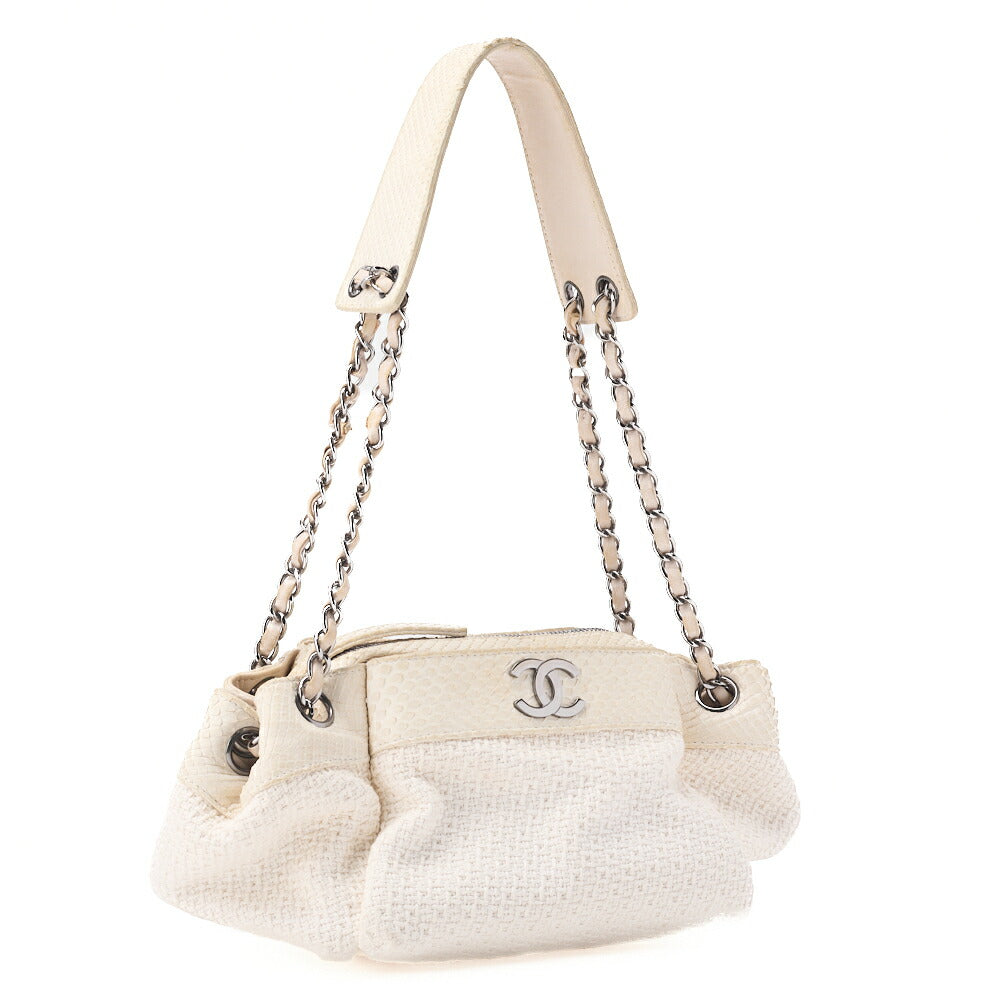 CHANEL Shoulder Bag, Coco Mark, Chain Shoulder, Cotton Python, White, Silver-Tone Hardware, Pre-Owned - Vintage La Charme
