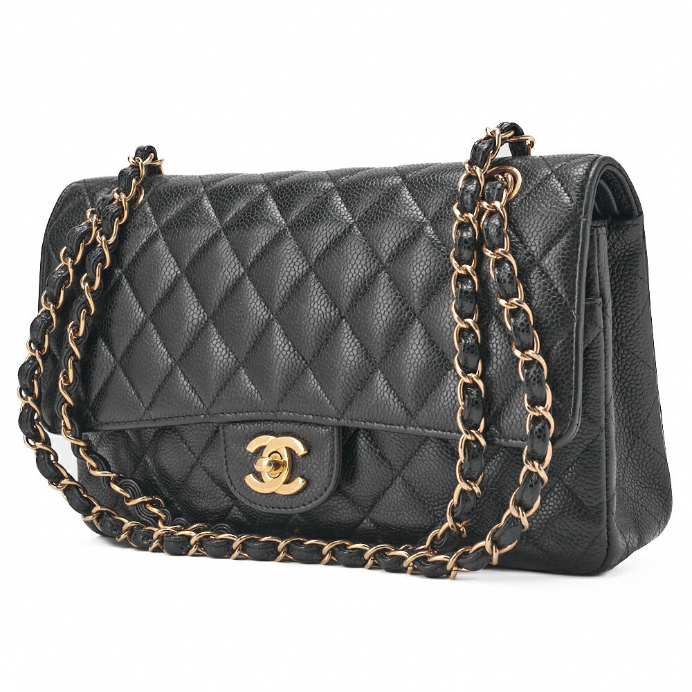 CHANEL Chain Shoulder Bag Matelasse Double Flap Caviar Skin Black Gold-Tone Hardware Pre-Owned - Vintage La Charme