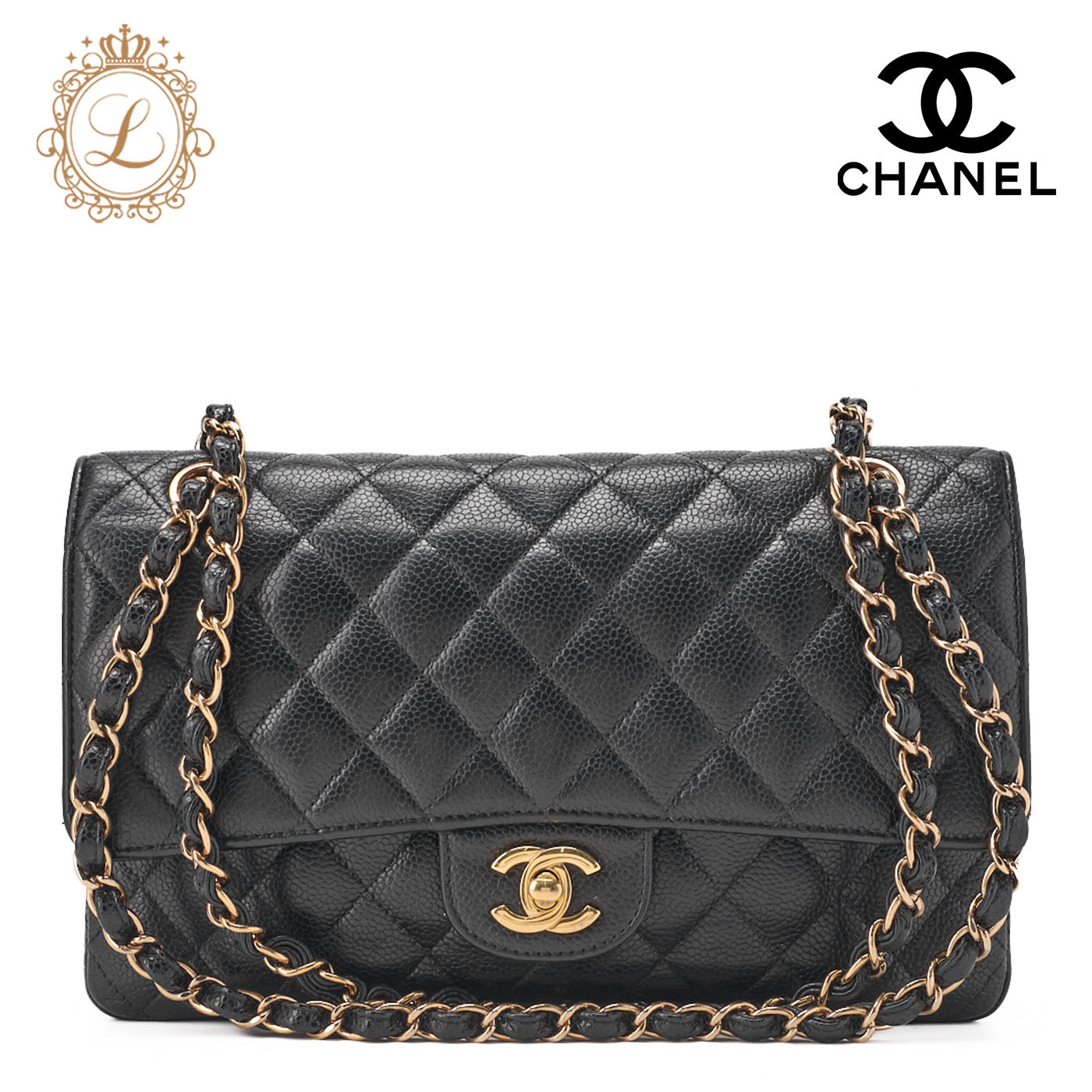 CHANEL Chain Shoulder Bag Matelasse Double Flap Caviar Skin Black Gold-Tone Hardware Pre-Owned - Vintage La Charme