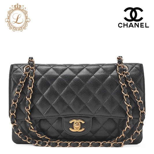 CHANEL Chain Shoulder Bag Matelasse Double Flap Caviar Skin Black Gold-Tone Hardware Pre-Owned - Vintage La Charme