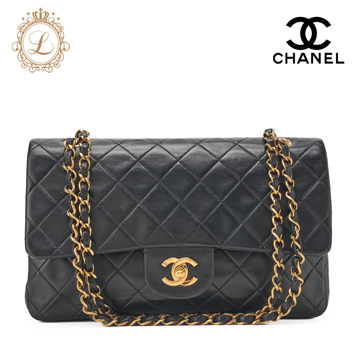 CHANEL Chain Shoulder Bag Matelasse Double Flap 25 Lambskin Black Gold-Tone Hardware Pre-Owned - Vintage La Charme