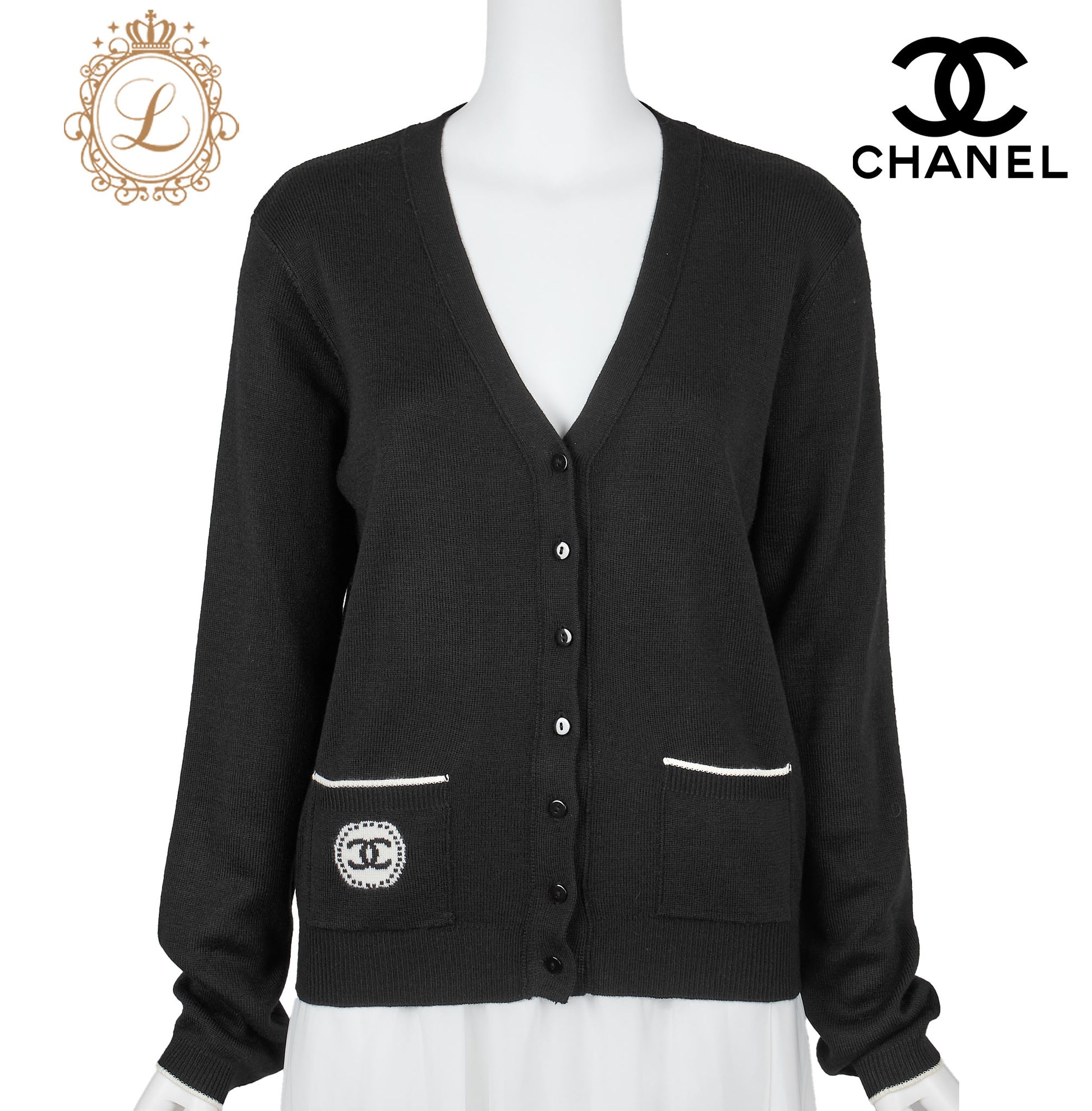 CHANEL Cardigan, Long Sleeve, Cut and Sew, Wool Blend, Black, Silver-Tone Hardware, Pre-Owned - Vintage La Charme