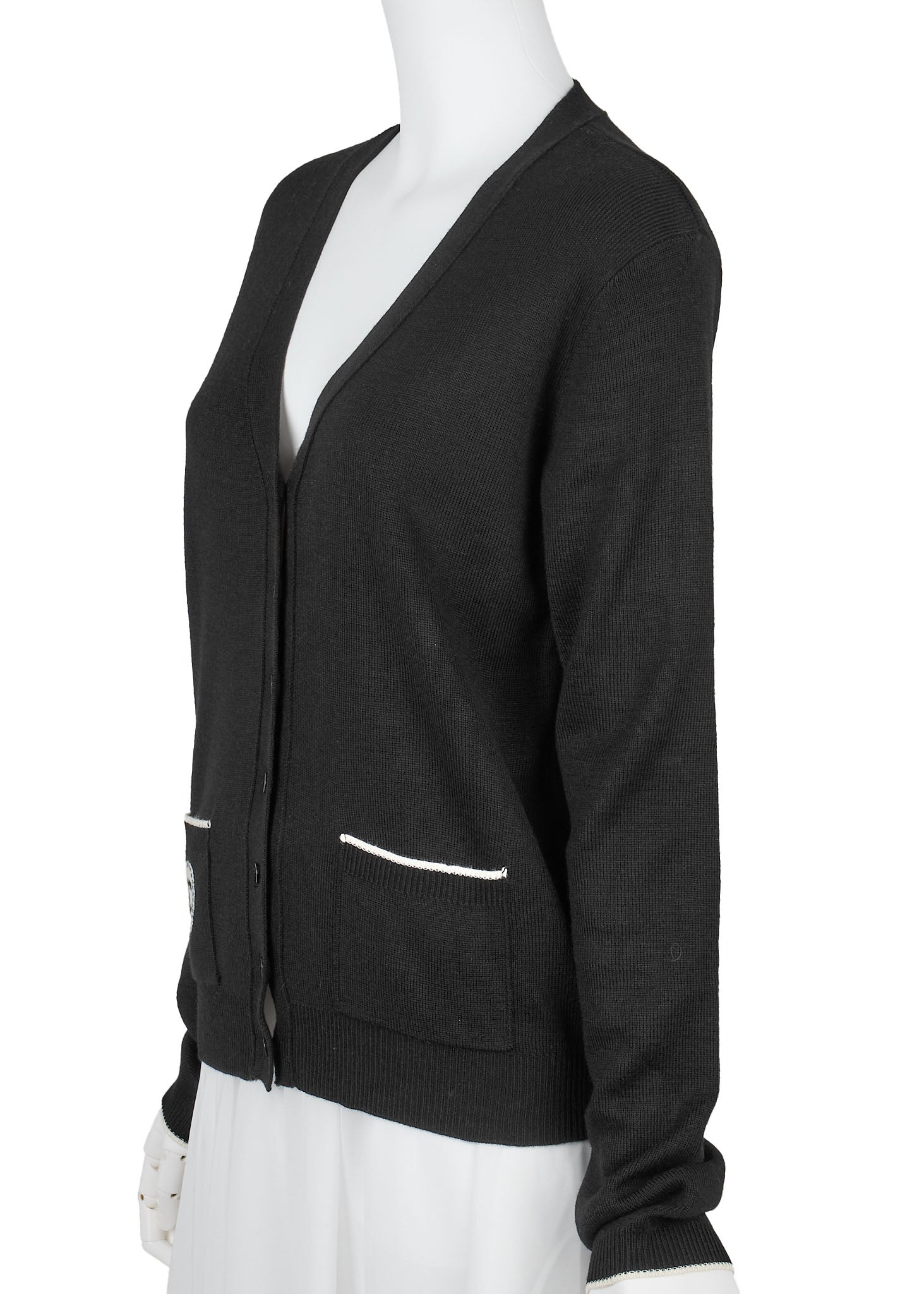 CHANEL Cardigan, Long Sleeve, Cut and Sew, Wool Blend, Black, Silver-Tone Hardware, Pre-Owned - Vintage La Charme