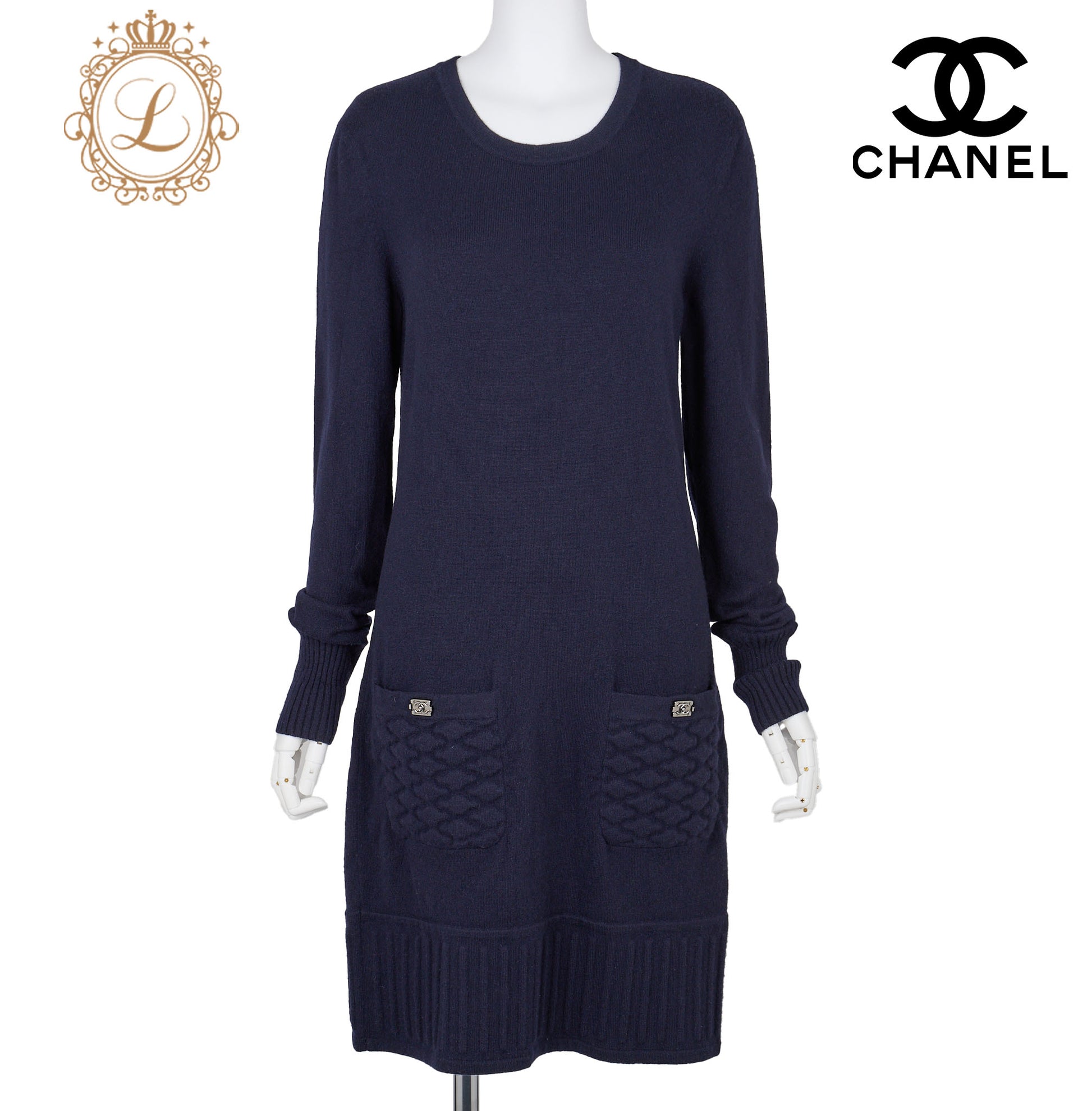 CHANEL Cashmere Dress, Long Sleeve, Navy, Pre-Owned - Vintage La Charme