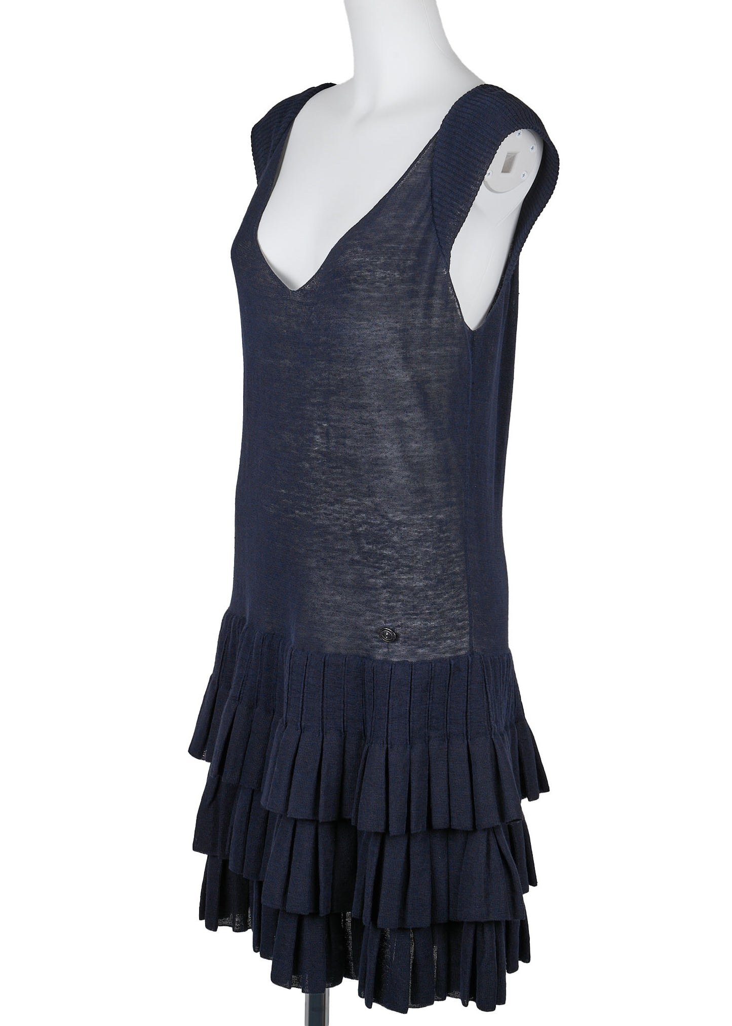 CHANEL Dress, Ruffle, Knit, Linen, Navy, Gold-Tone Hardware, Pre-Owned - Vintage La Charme