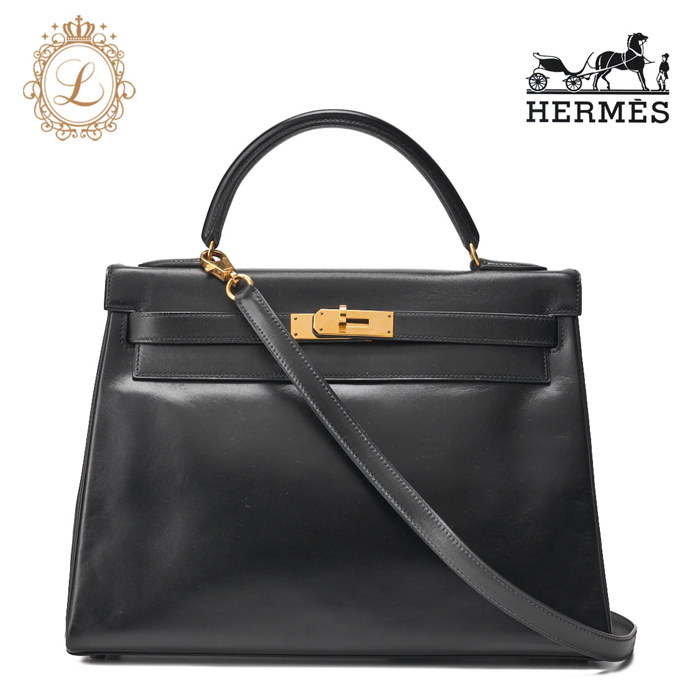 HERMES Kelly 32 Handbag 2WAY Box Calf Black Gold-Tone Hardware Pre-Owned - Vintage La Charme