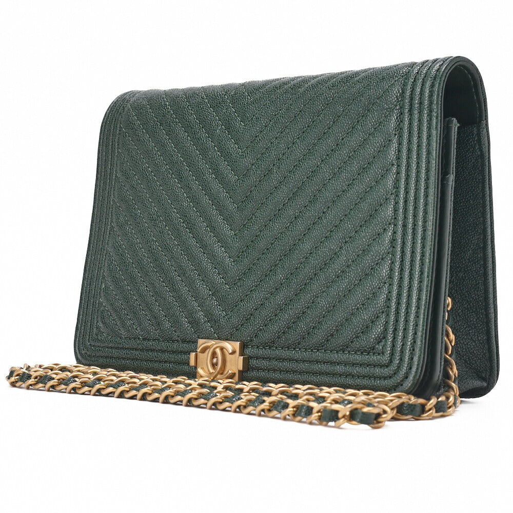 Chanel Boy Chanel Matelasse Chain Wallet Caviar Skin Schwarz Goldfarbene Hardware Gebraucht