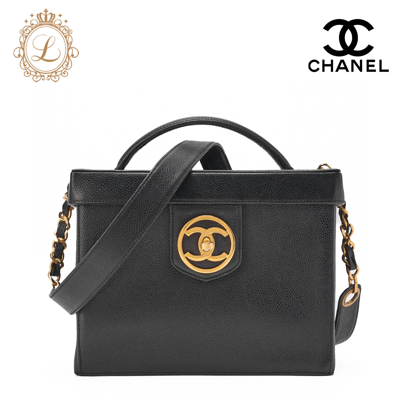 CHANEL Vanity Handtasche, Matelassé, 2WAY, Kaviarhaut, Schwarz, goldfarbene Metallteile, gebraucht