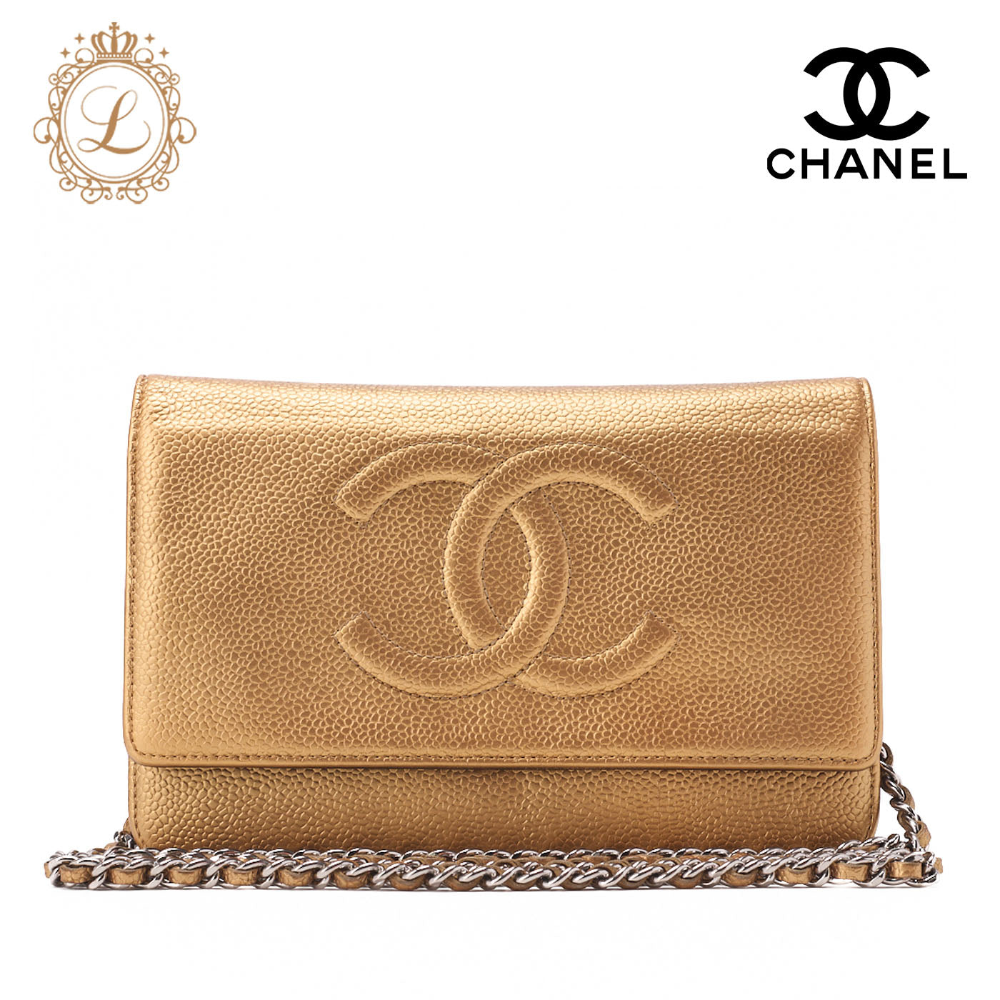Chanel Kettenbrieftasche, Coco Mark, Kaviarhaut, Gold, goldfarbene Metallteile, gebraucht