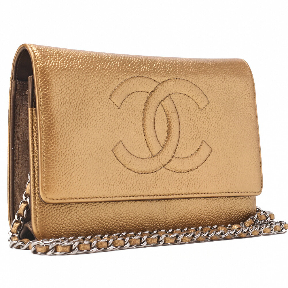 Chanel Kettenbrieftasche, Coco Mark, Kaviarhaut, Gold, goldfarbene Metallteile, gebraucht
