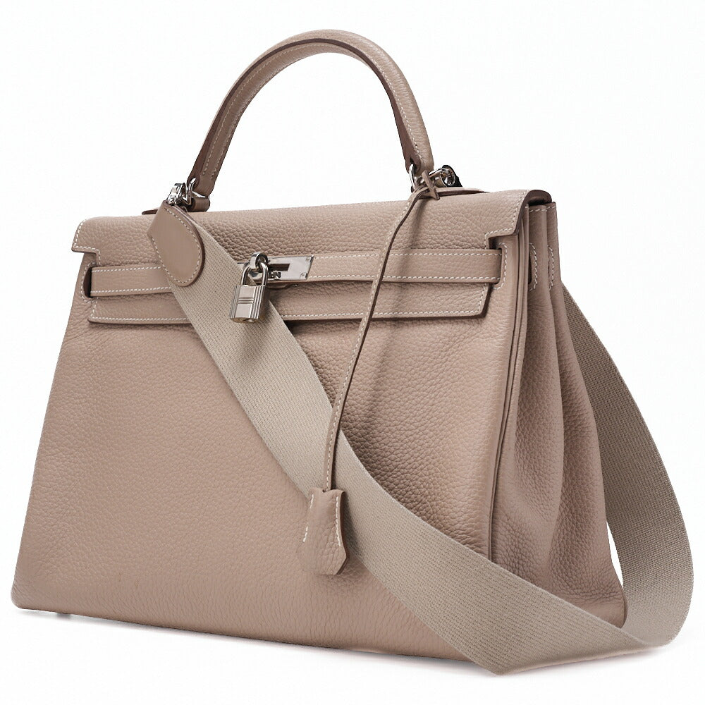 HERMES Kelly 35 Handtasche 2WAY Tryon Clemence Leder Argile Silberfarbene Hardware Gebraucht