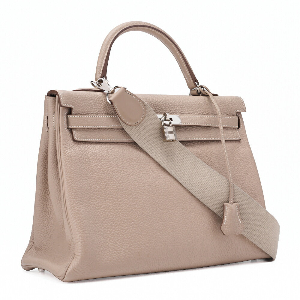 HERMES Kelly 35 Handtasche 2WAY Tryon Clemence Leder Argile Silberfarbene Hardware Gebraucht