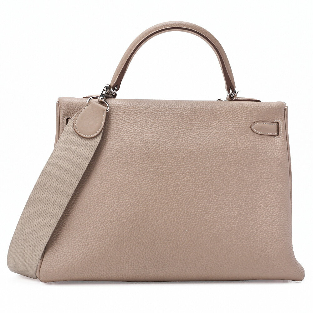 HERMES Kelly 35 Handtasche 2WAY Tryon Clemence Leder Argile Silberfarbene Hardware Gebraucht
