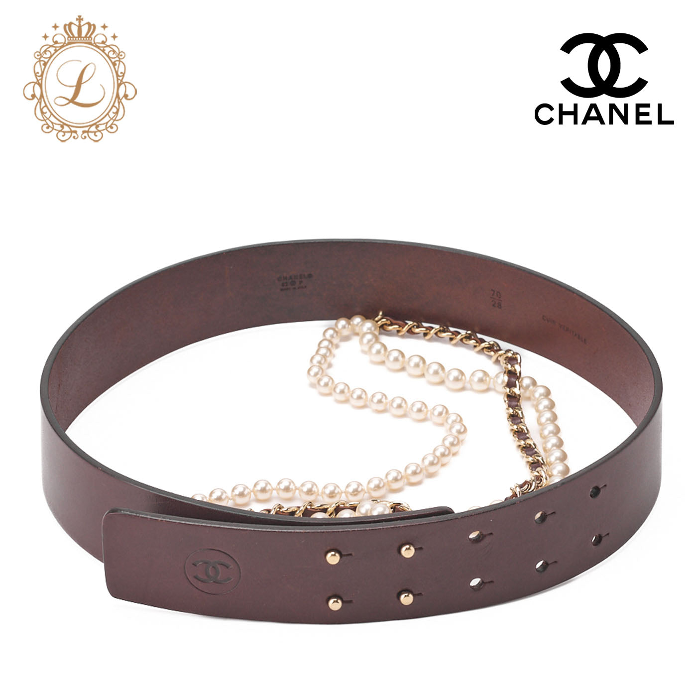 CHANEL Kettengürtel, Coco Mark, vergoldetes Leder, Schwarz, goldfarbene Metallteile, gebraucht