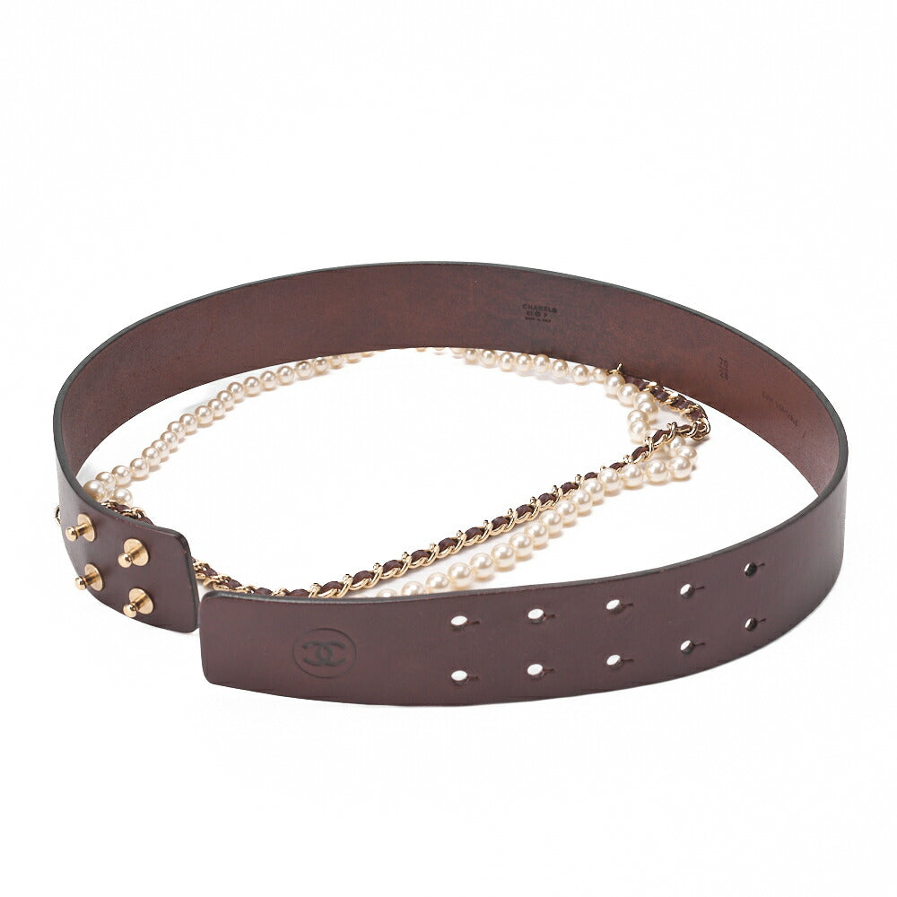 CHANEL Kettengürtel, Coco Mark, vergoldetes Leder, Schwarz, goldfarbene Metallteile, gebraucht