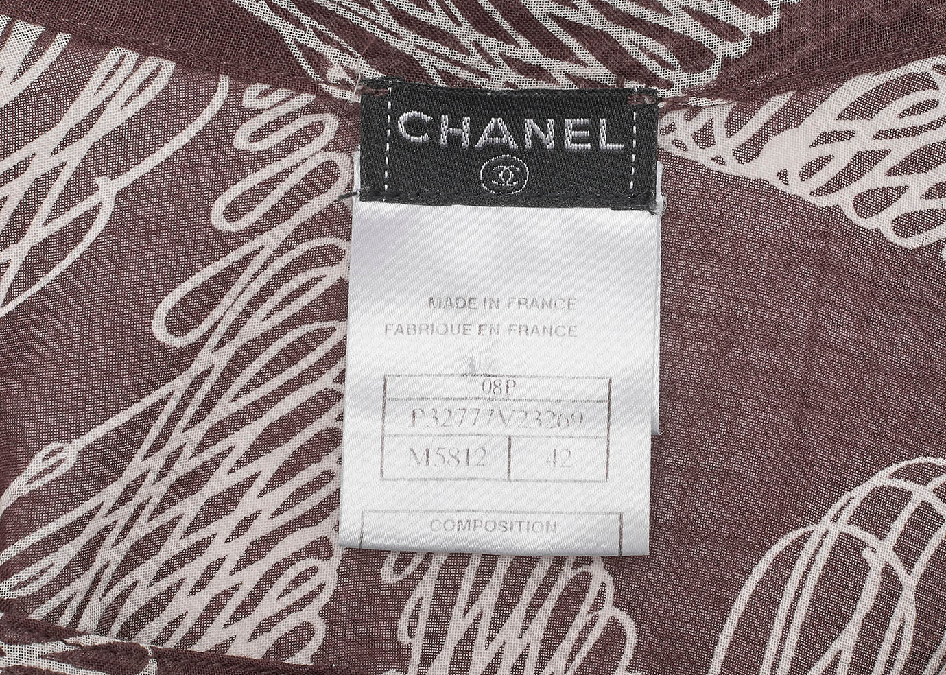 CHANEL Langarmbluse, Coco Mark Ribbon, 100 % Baumwolle, Braun, goldfarbene Metallteile, gebraucht