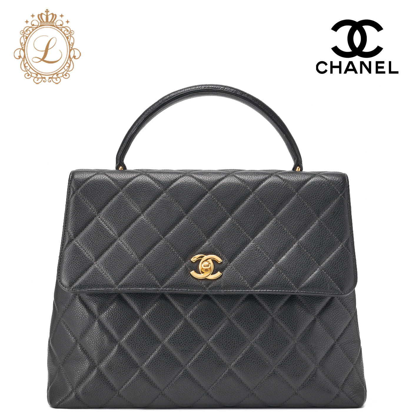 CHANEL Handbag Matelasse Turn Lock Caviar Skin Black Gold-Tone Hardware Pre-Owned - Vintage La Charme