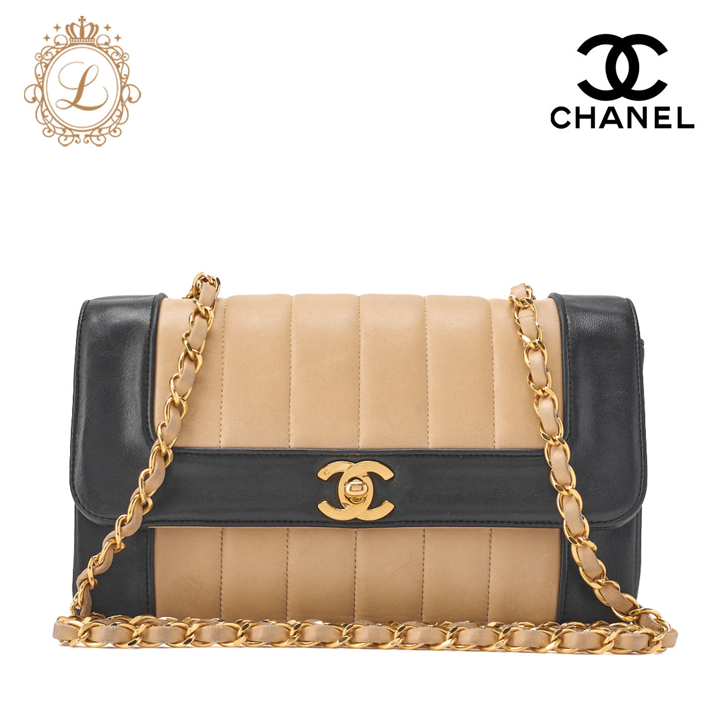 CHANEL Shoulder Bag Mademoiselle Lambskin Beige and Black Gold-Tone Hardware Pre-Owned - Vintage La Charme