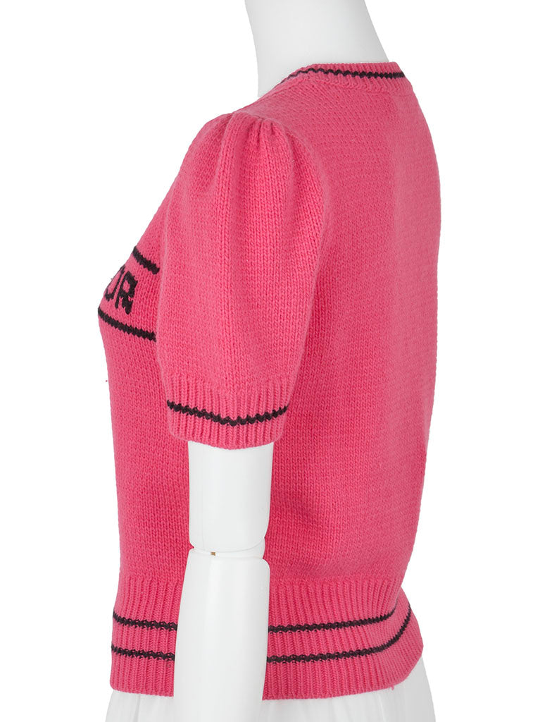 Dior T-Shirt, Kurzarm, Schnittmuster, Woll-Kaschmir-Mischung, Pink, silberfarbene Metallteile, gebraucht