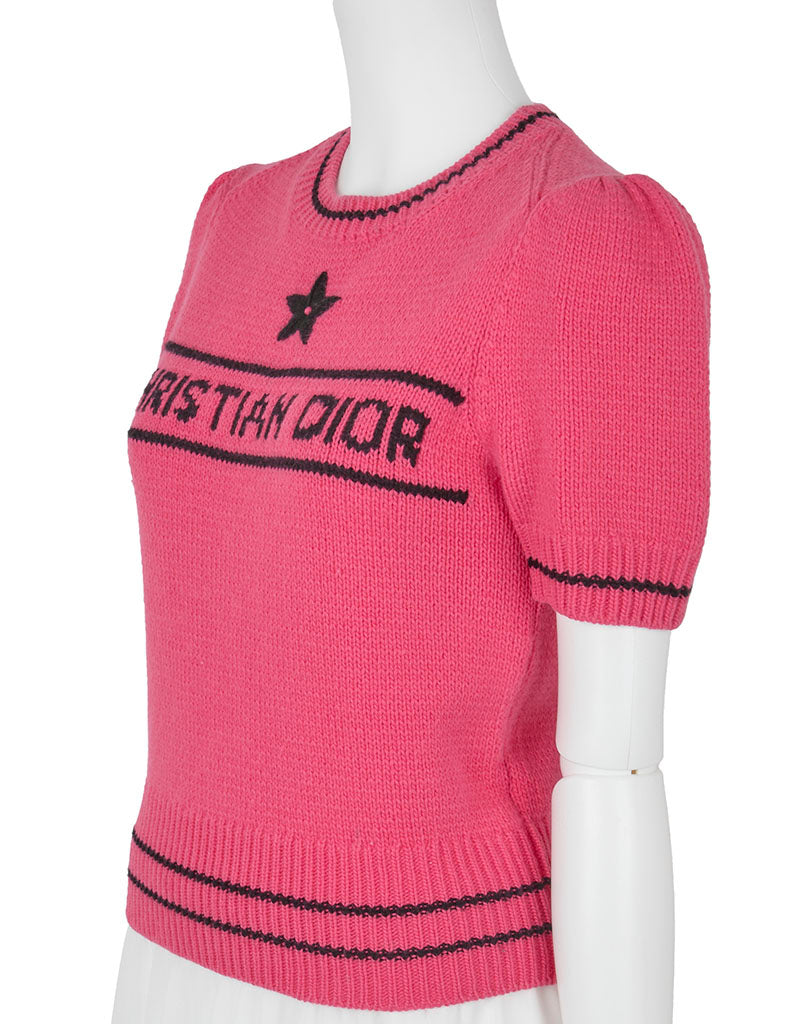 Dior T-Shirt, Kurzarm, Schnittmuster, Woll-Kaschmir-Mischung, Pink, silberfarbene Metallteile, gebraucht