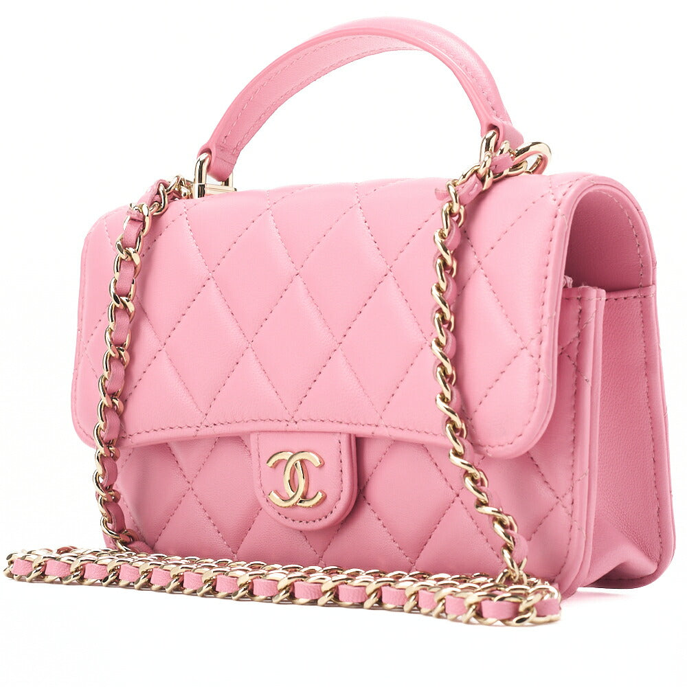 CHANEL Chain Shoulder Bag Mini Matelasse Push Lock Lambskin Pink Gold-Tone Hardware Pre-Owned - Vintage La Charme