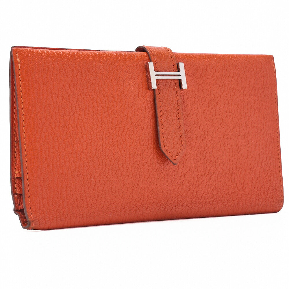 HERMES Bairn Classic Bi-Fold Long Wallet, Chèvre, Orange, Silver-Tone Hardware, Pre-Owned - Vintage La Charme