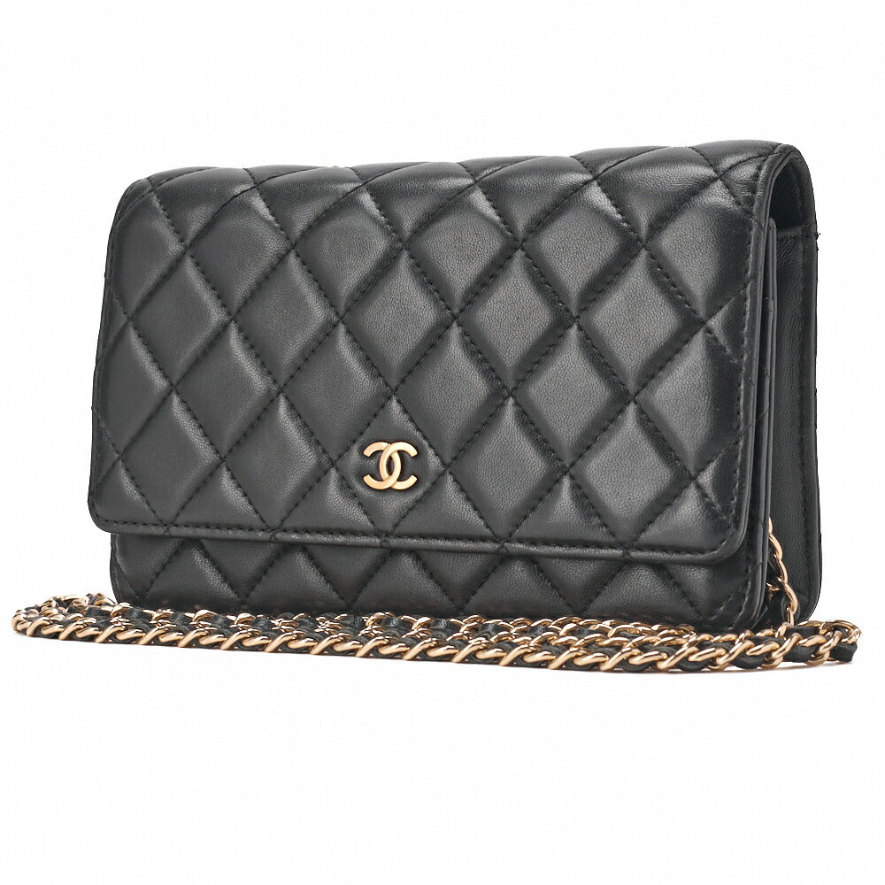 Chanel Chain Wallet Matelasse Lambskin Black Gold-Tone Hardware Pre-Owned - Vintage La Charme