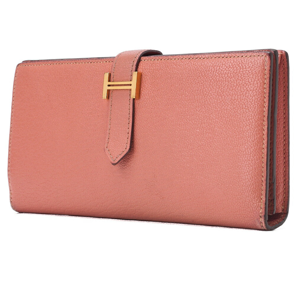 HERMES Bairn Classic Bi-fold Long Wallet Chèvre Crevette Pink Gold-Tone Hardware Pre-Owned - Vintage La Charme