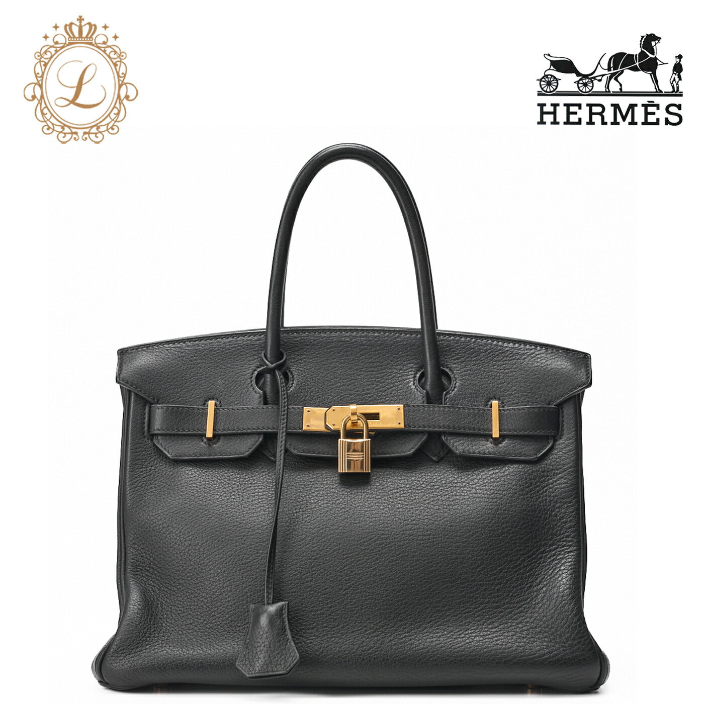 HERMES Birkin 30 Handbag Tryon Clemence Black Gold-Tone Hardware Pre-Owned - Vintage La Charme