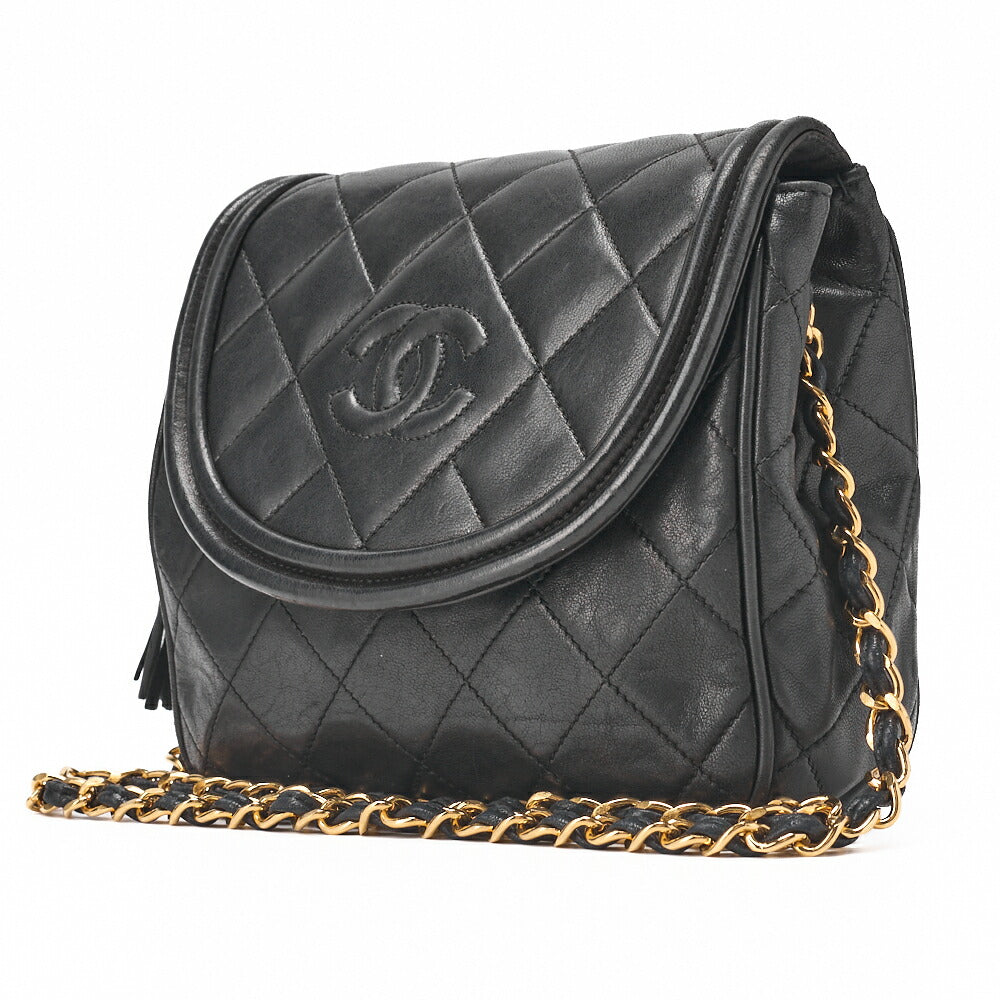 CHANEL Shoulder Bag Matelasse Outside Flap Fringe Chain Shoulder Lambskin Black Gold-Tone Hardware Pre-Owned - Vintage La Charme