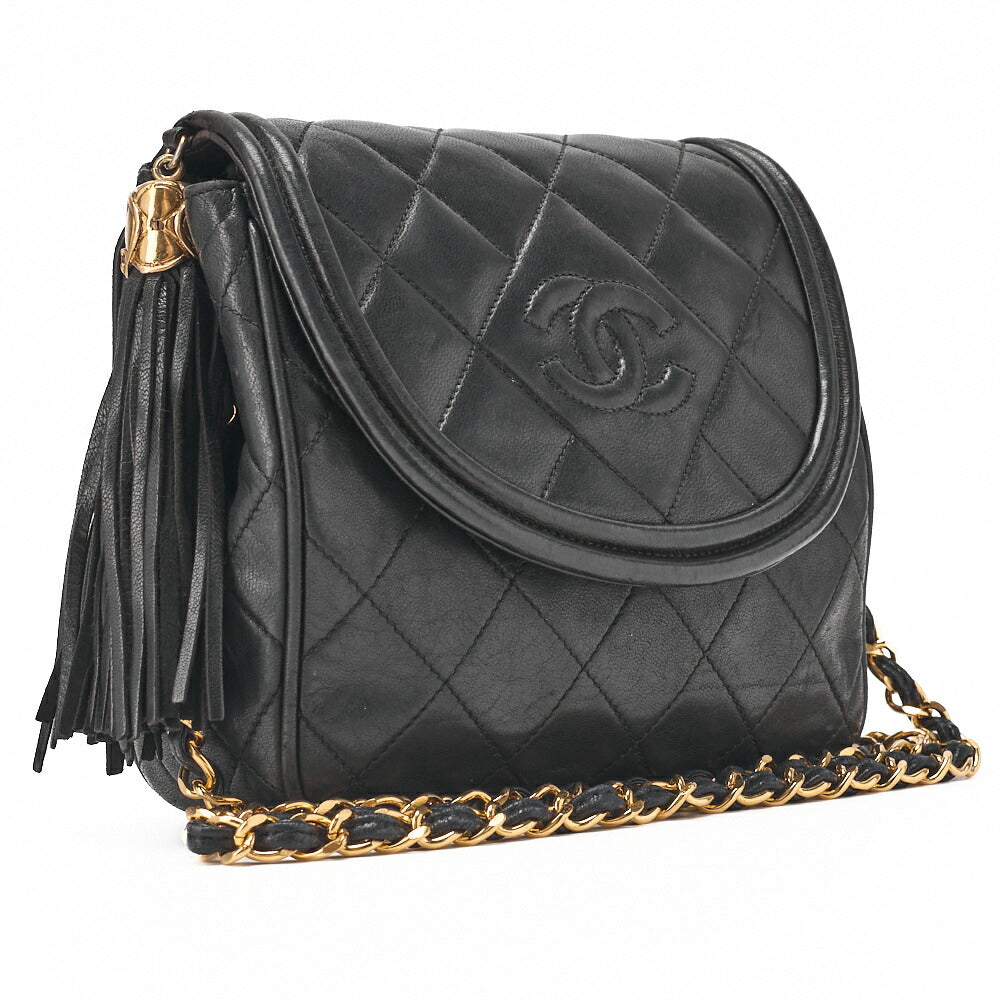 CHANEL Shoulder Bag Matelasse Outside Flap Fringe Chain Shoulder Lambskin Black Gold-Tone Hardware Pre-Owned - Vintage La Charme