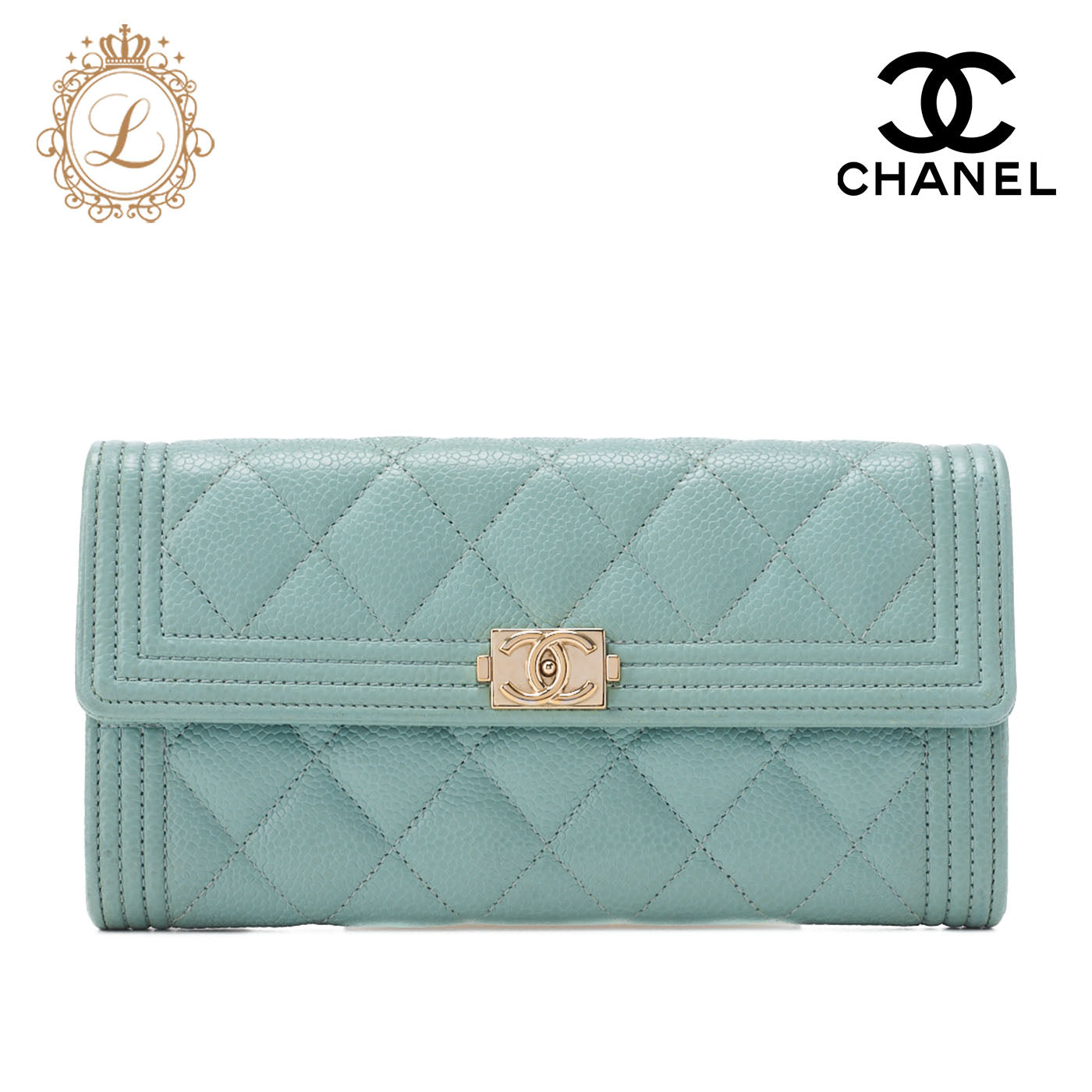 CHANEL Boy Chanel Matelasse Bi-Fold Long Wallet Caviar Skin Mint Green Gold-Tone Hardware Pre-Owned - Vintage La Charme
