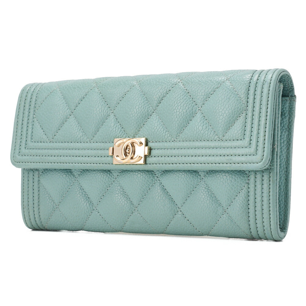 CHANEL Boy Chanel Matelasse Bi-Fold Long Wallet Caviar Skin Mint Green Gold-Tone Hardware Pre-Owned - Vintage La Charme